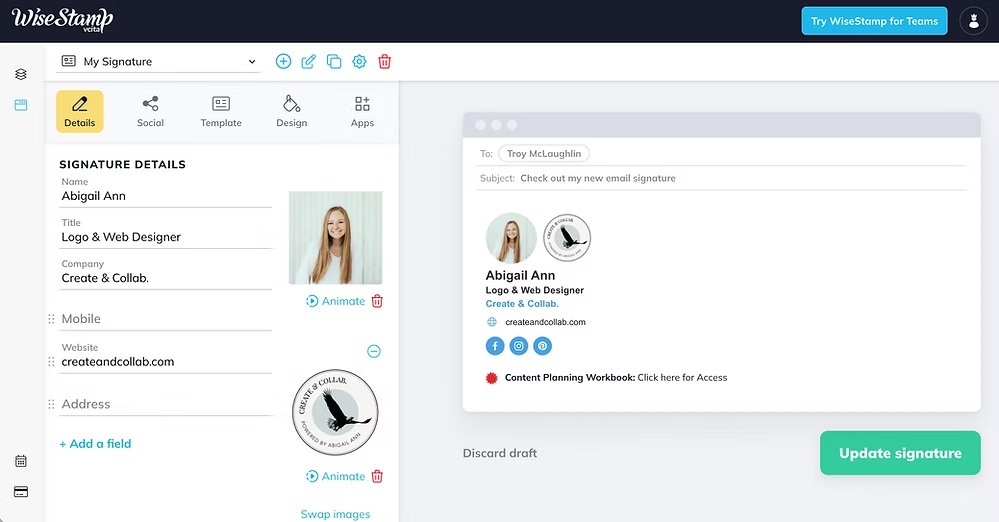 Screenshot of an email signature editor showing fields, profile photo, and signature preview.