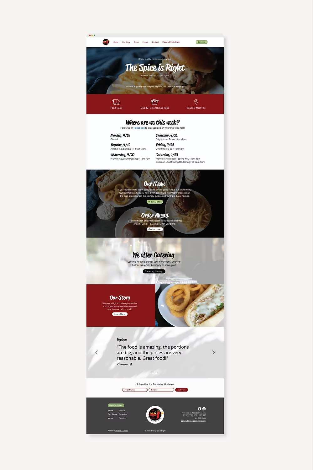 Screenshot of a food truck website homepage featuring weekly schedule, menu sections, and catering information.