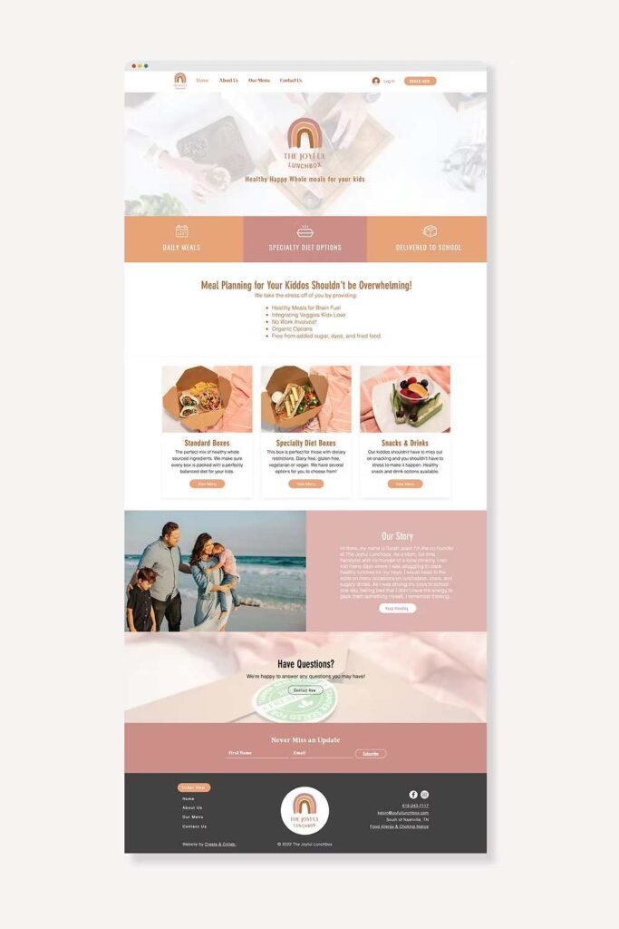 Screenshot of a children’s meal delivery service website showing menu options and family imagery.