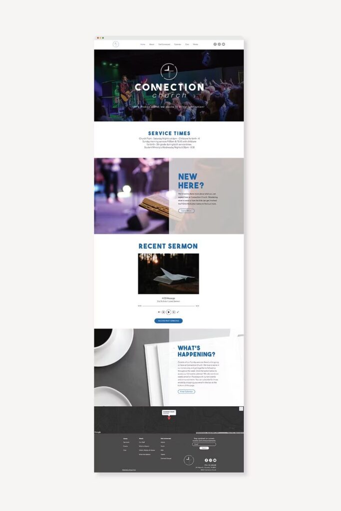 Screenshot of a church website homepage with service times, sermon preview, and event details.