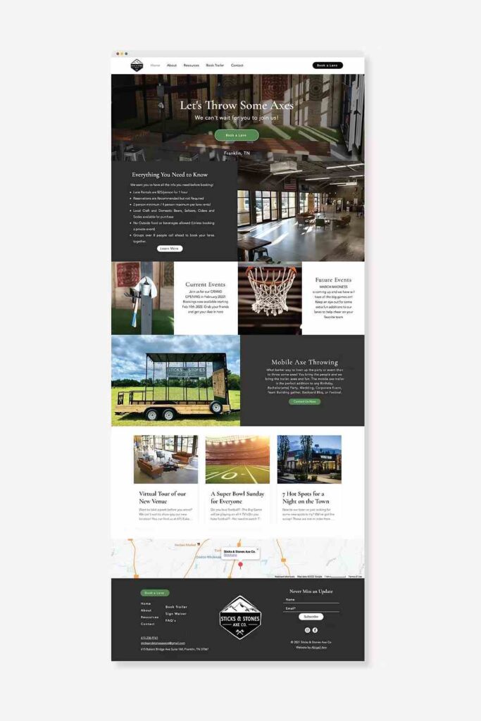 Screenshot of an axe-throwing venue website featuring booking options, events, and facility images.