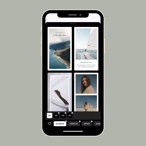 Smartphone screen showing photo editing app with collage templates and design options.