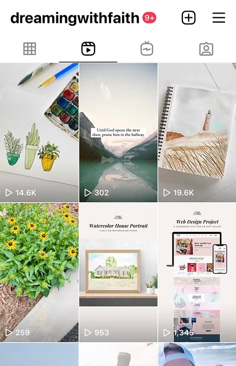 Social media profile grid showing creative projects including watercolor art, photography, and digital design.