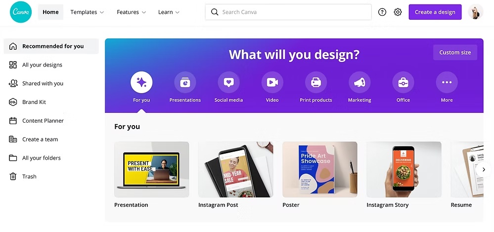 Canva homepage interface with design categories and templates displayed.