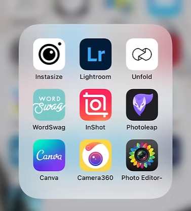 Smartphone screen showing a folder of nine photo and video editing apps including Lightroom, Canva, and InShot