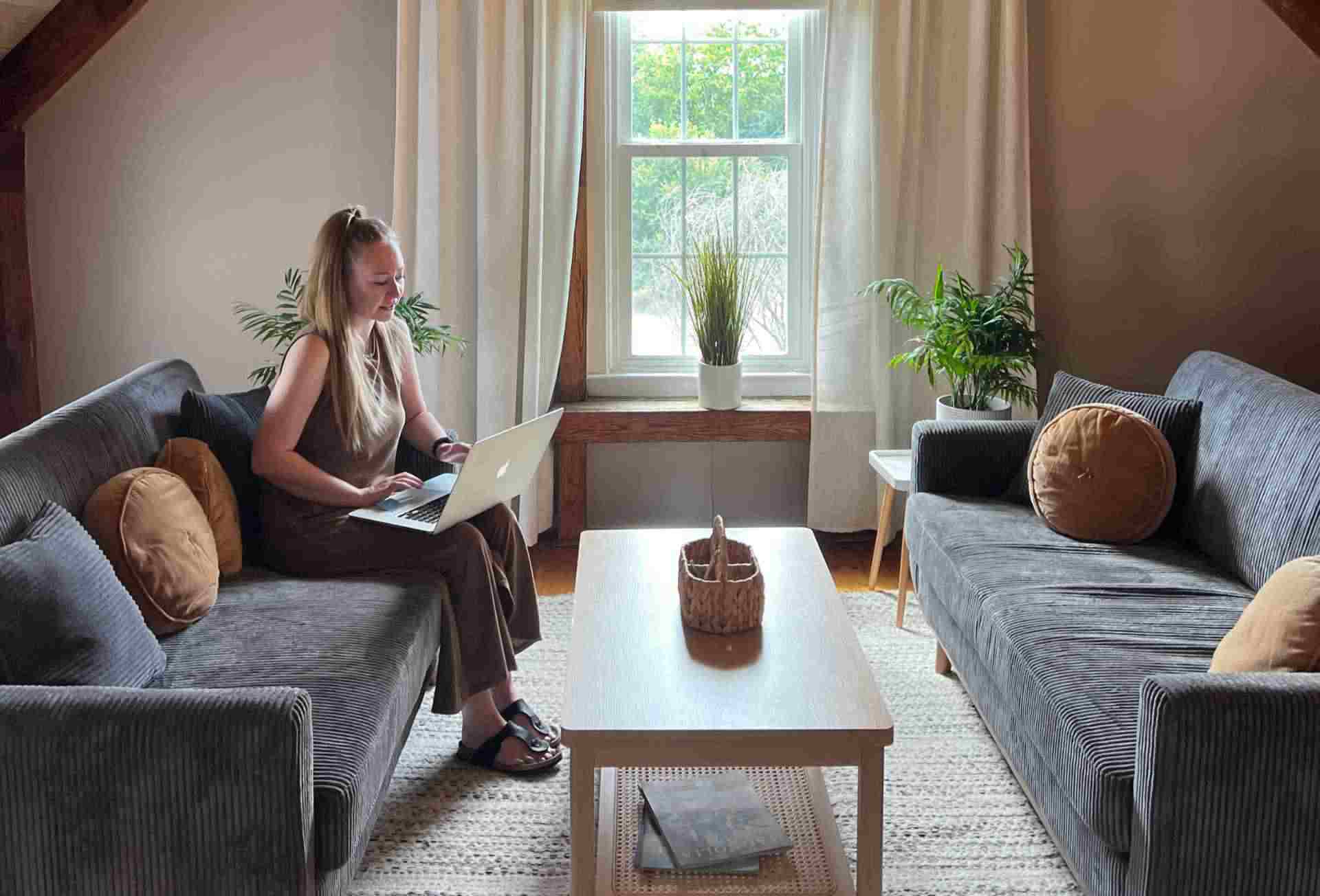 Cozy living room with sofas and coffee table