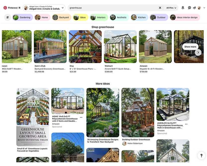 Pinterest search results page displaying greenhouse designs and shopping options