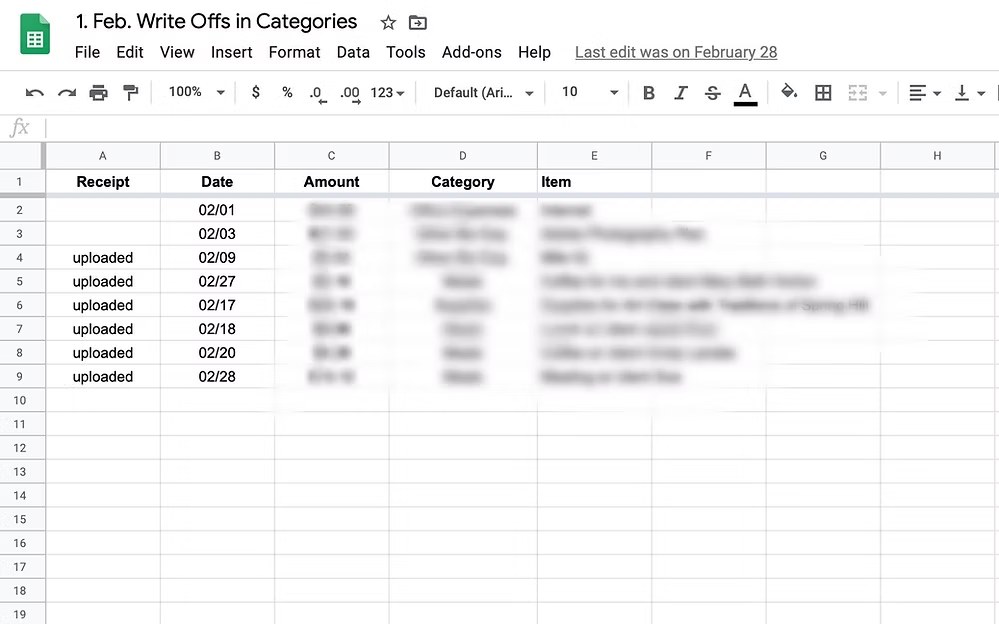 Spreadsheet titled “February Write Offs in Categories” showing expenses listed by date, amount, and category.