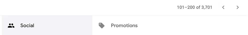 Gmail inbox showing Social and Promotions tabs with navigation arrows and message count. 