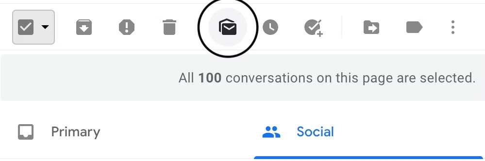 Gmail inbox interface showing all conversations selected with action icons at the top.