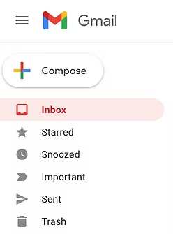 Gmail sidebar navigation with inbox, starred, snoozed, important, sent, and trash folders.