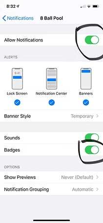 iPhone notification settings screen for the 8 Ball Pool app with alerts and banners enabled.