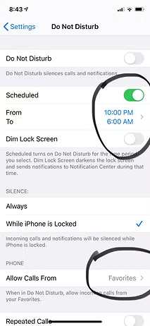 iPhone Do Not Disturb settings with scheduled hours and call permissions highlighted.