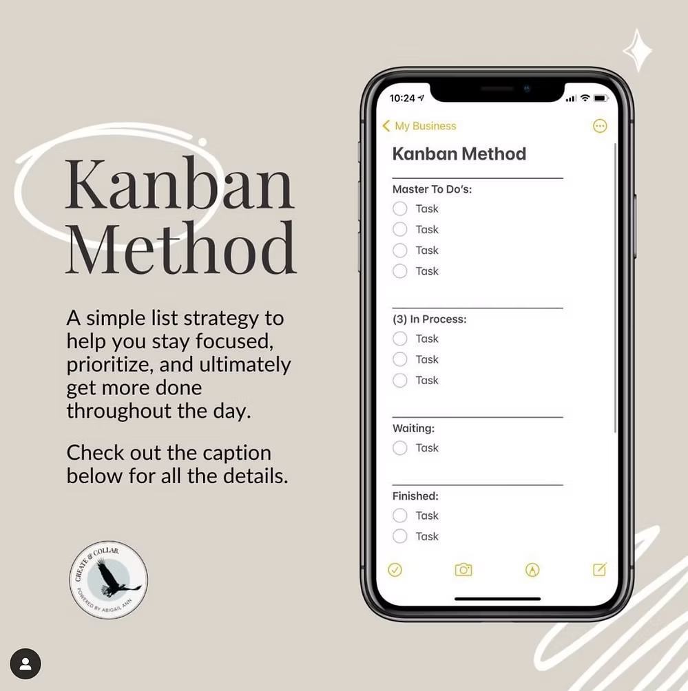 Smartphone screen showing Kanban Method digital task list with accompanying title and instructions.