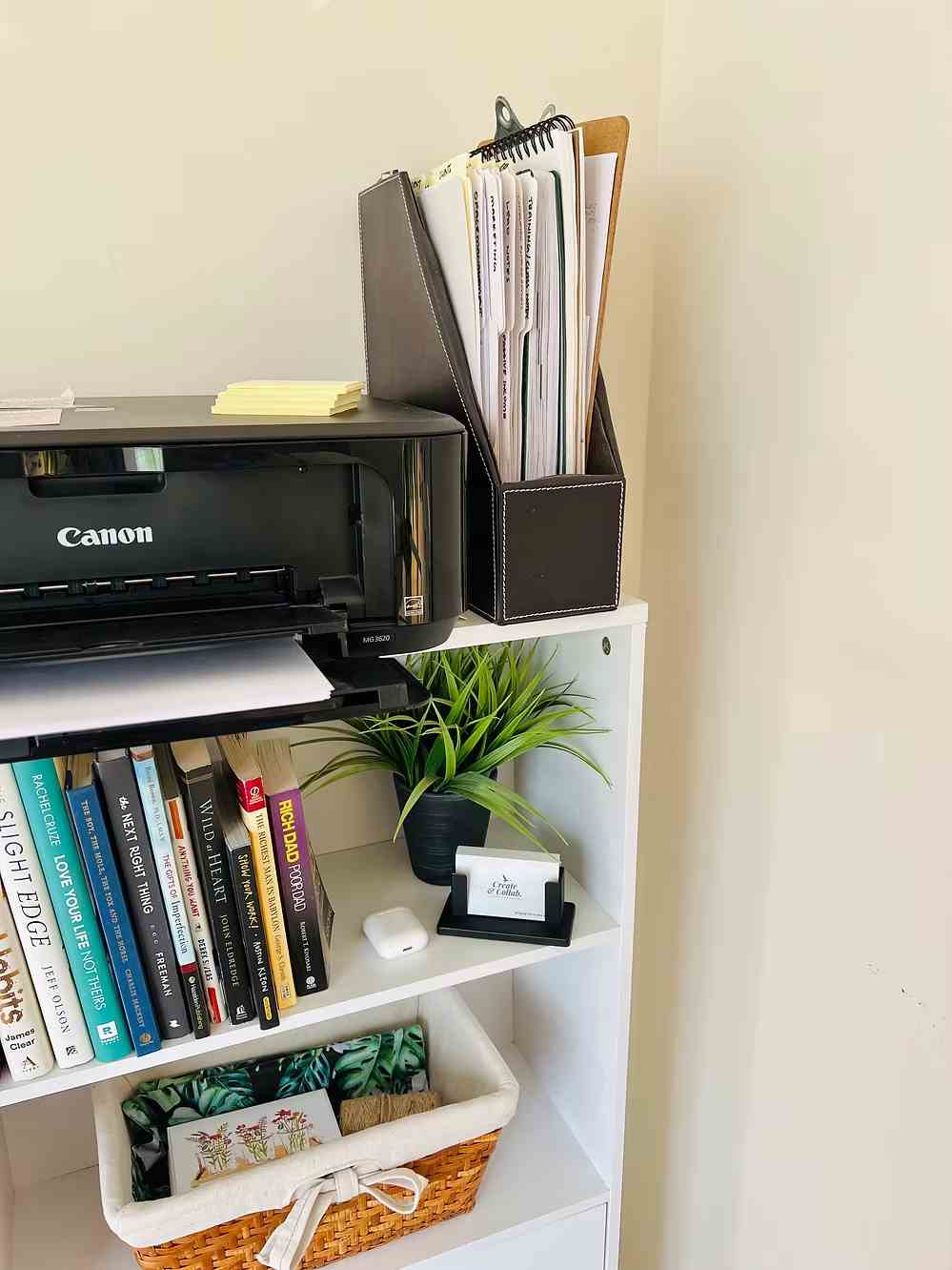 White office shelf in sunlight holding books, printer, and decorative plants with a woven basket for accessories.