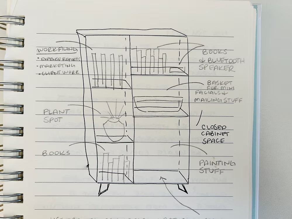 Hand-drawn sketch of a bookshelf design on lined notebook paper with labeled sections for books, storage, and plants.