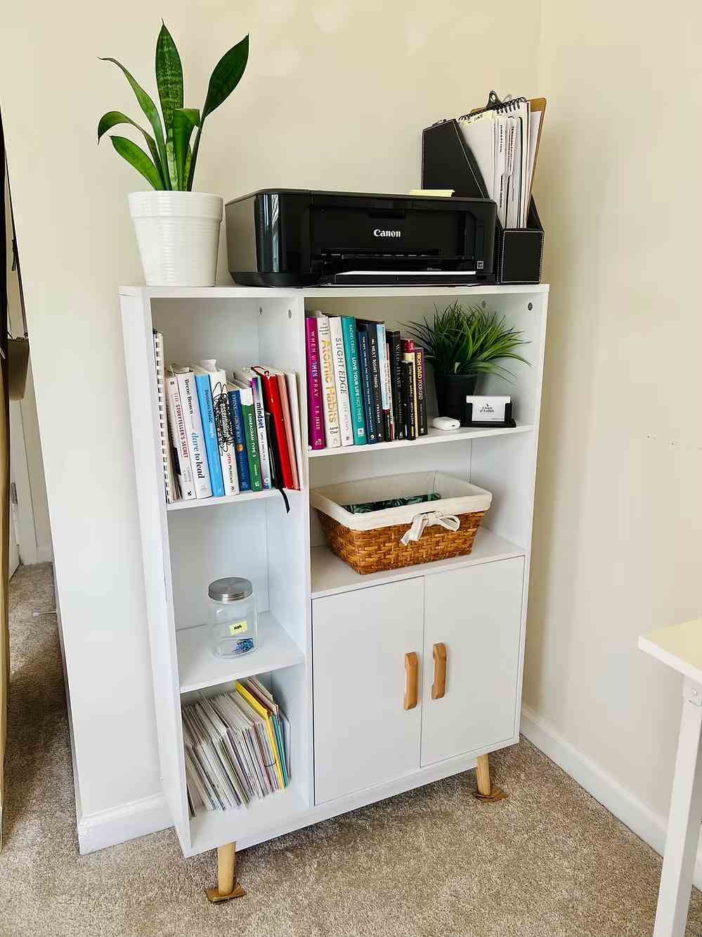 White bookshelf with books, printer, house plant, and storage basket organized neatly in a home office.
