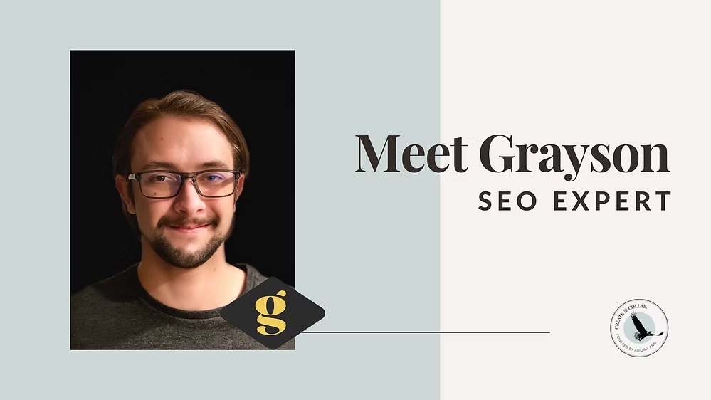 Portrait of Grayson, SEO expert, with text introducing him on a professional graphic background.