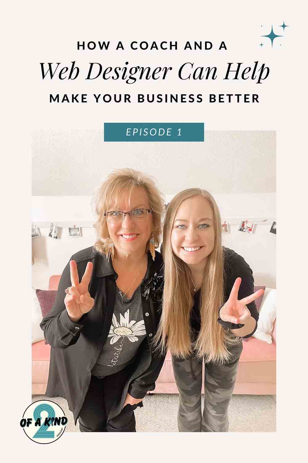 Two professionals smiling indoors, making peace signs, with a banner promoting collaboration between a coach and a web designer.