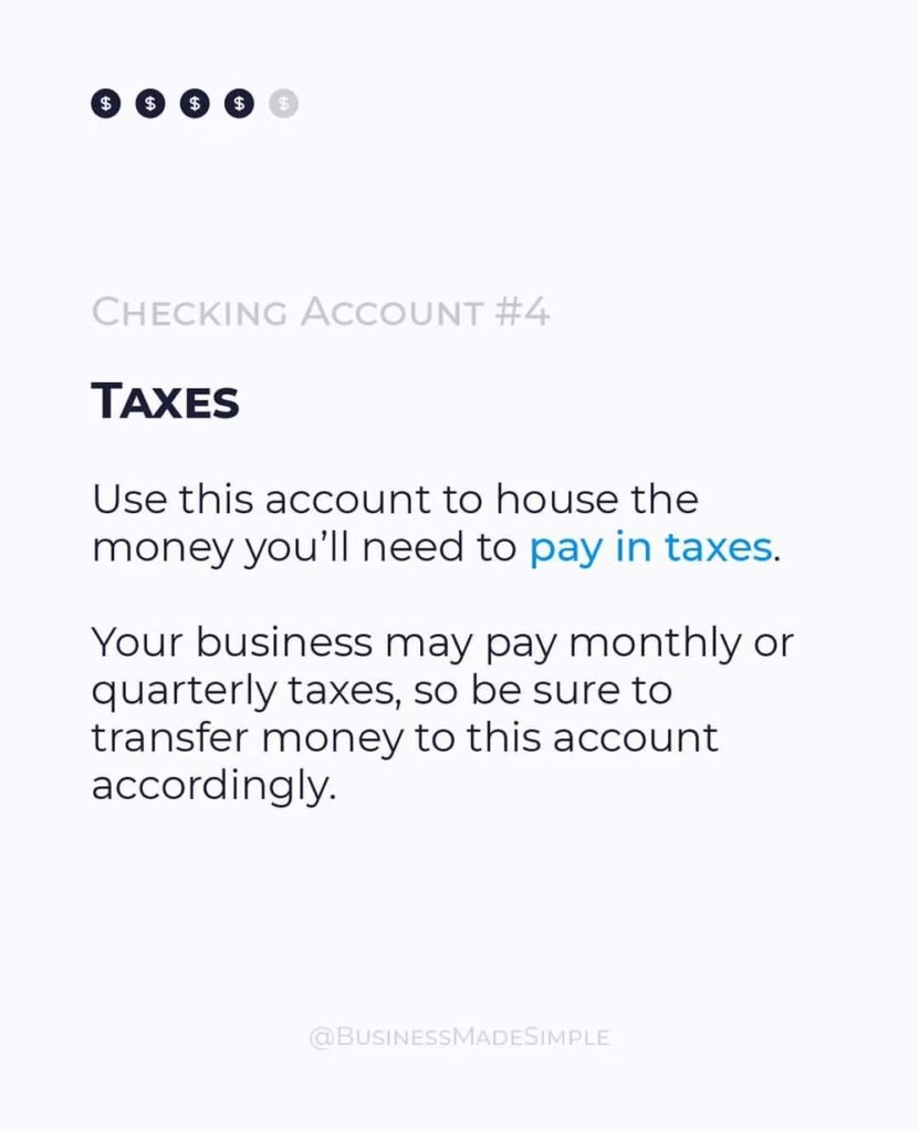 Informational graphic for checking account #4 describing the purpose of a tax savings account.