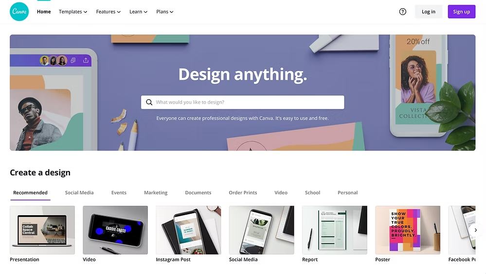 Canva homepage displayed on a computer screen with “Design anything” text and layout options visible.