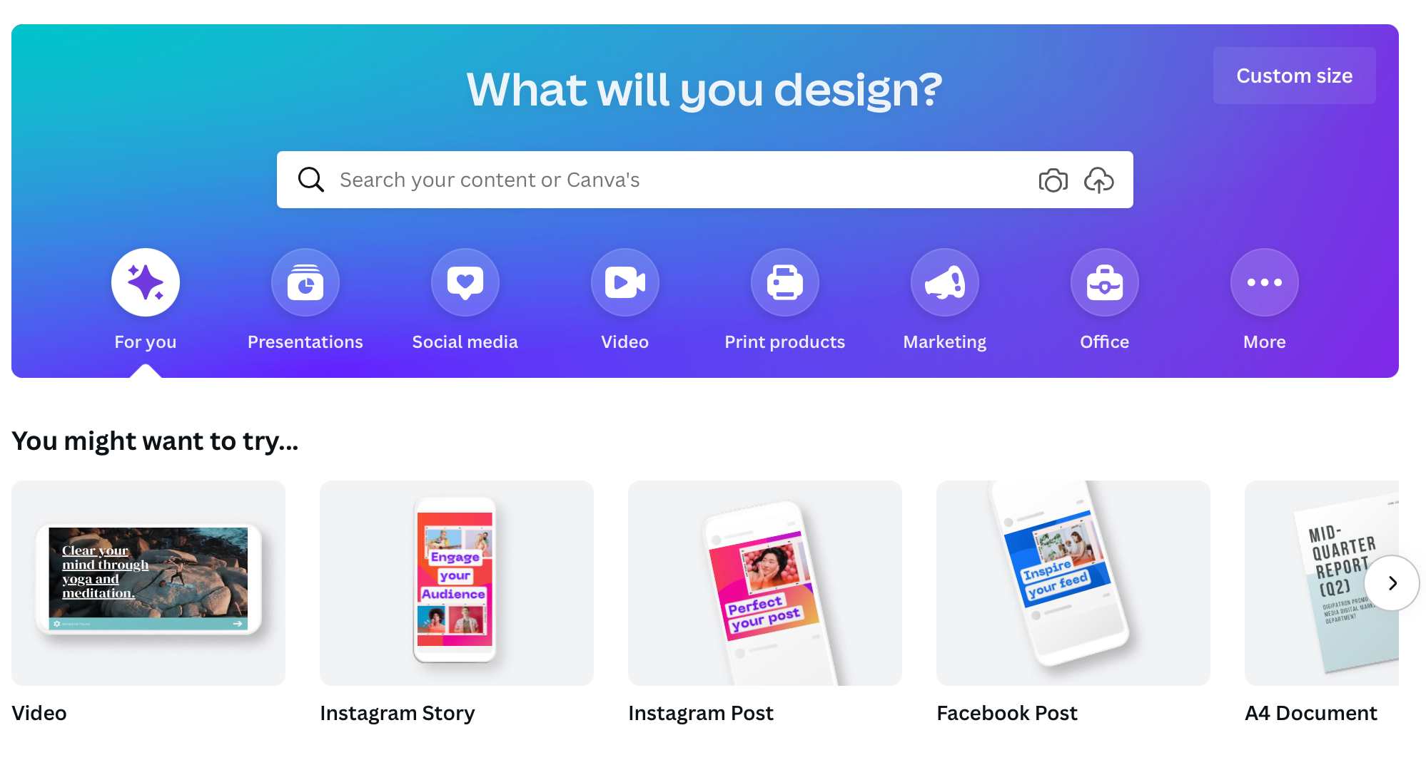Canva homepage interface showing design options like social media posts, videos, and presentations.