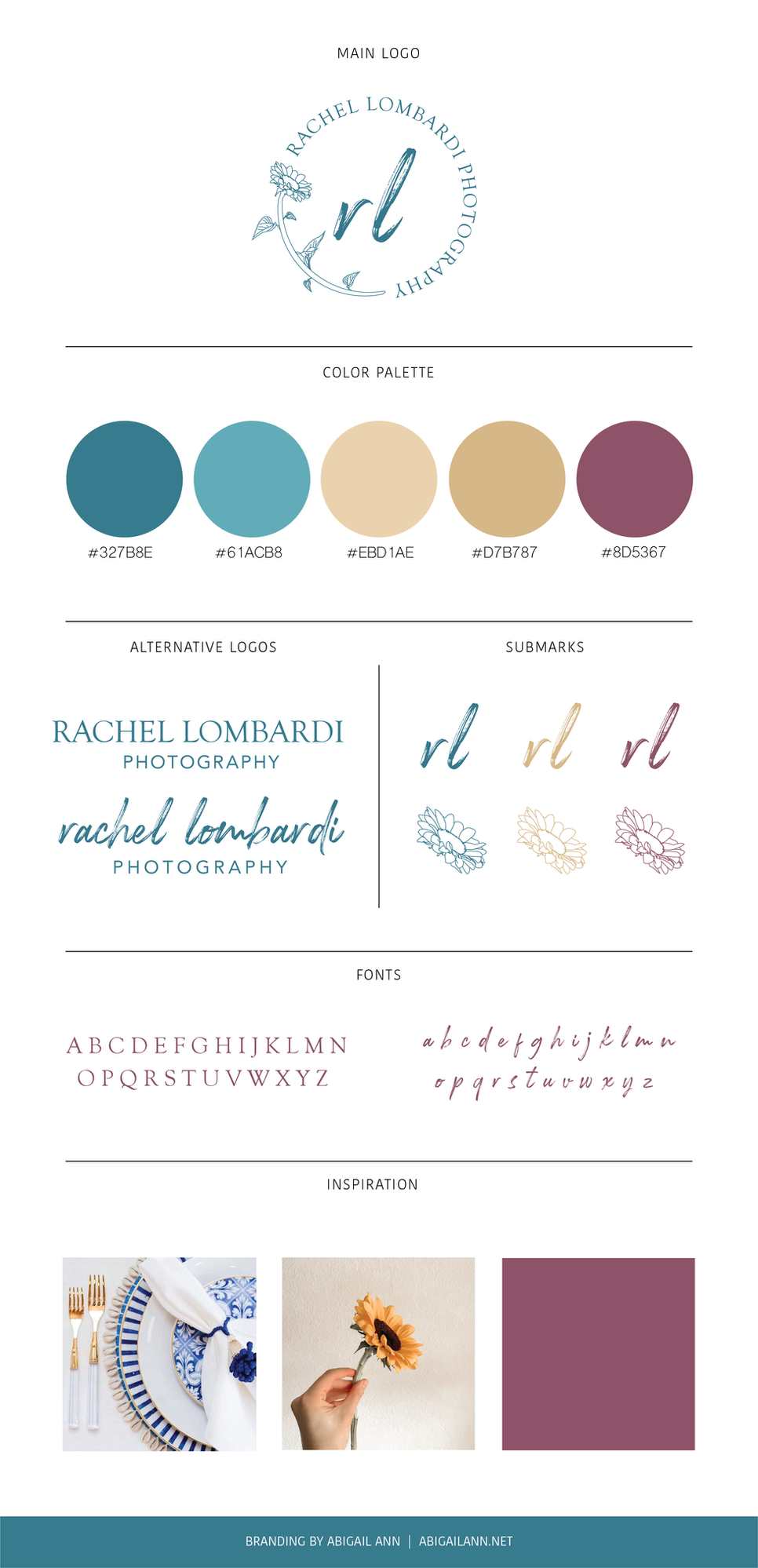 Branding board for Rachel Lombardi Photography showing logo, fonts, colors, and inspiration images.