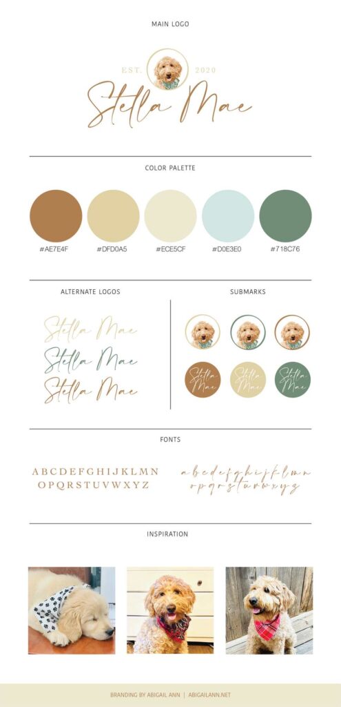 Branding board for Stella Mae featuring logos, fonts, colors, and dog-themed inspiration photos.