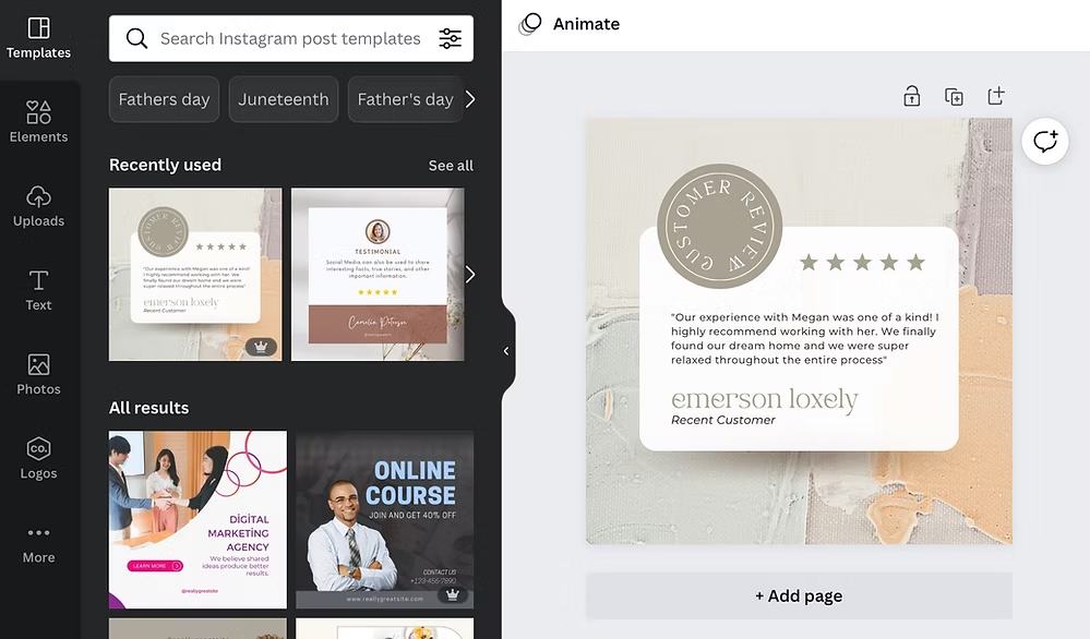 Design software interface displaying Instagram post templates and a customer review layout.