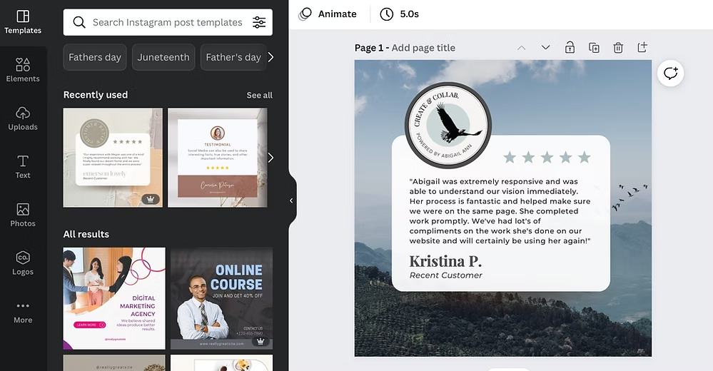 Design software interface displaying Instagram post templates and a customer review layout.