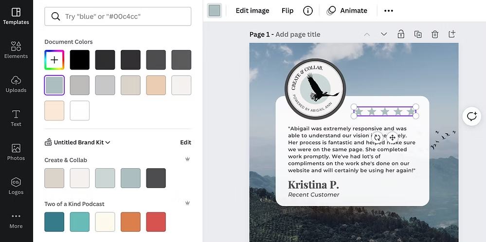 Canva interface editing a client testimonial while adjusting brand colors in the document panel.