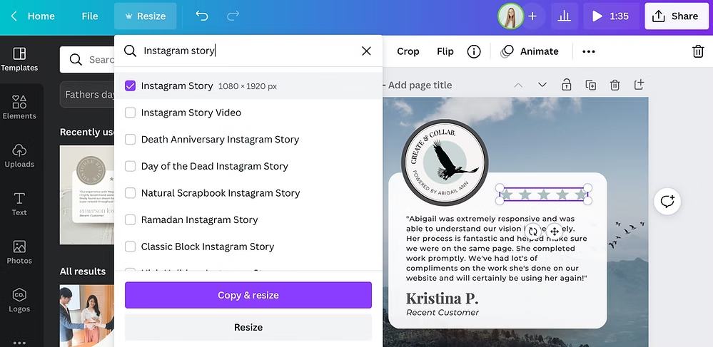 Canva interface showing user resizing a design for Instagram Story format.