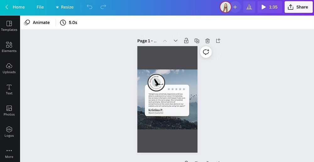 Canva screen displaying a testimonial design ready for Instagram Story animation.