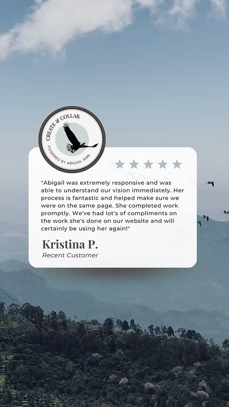 Graphic testimonial post featuring Create & Collab logo, client review, and star rating.