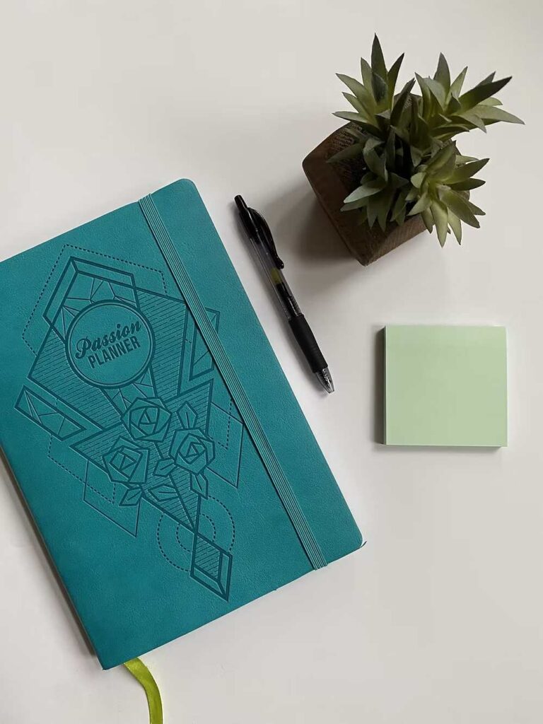 Flat lay of teal planner, black pen, sticky notes, and small plant on a white desk.