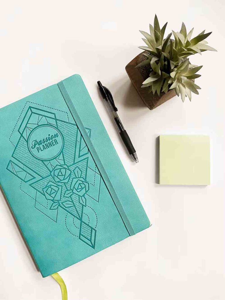 Bright flat lay of teal passion planner, sticky notes, and potted plant on a clean white background.