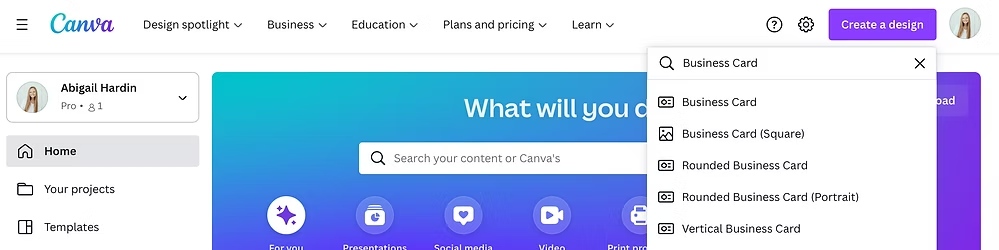 Canva homepage with search bar and dropdown options for different types of business card templates.
