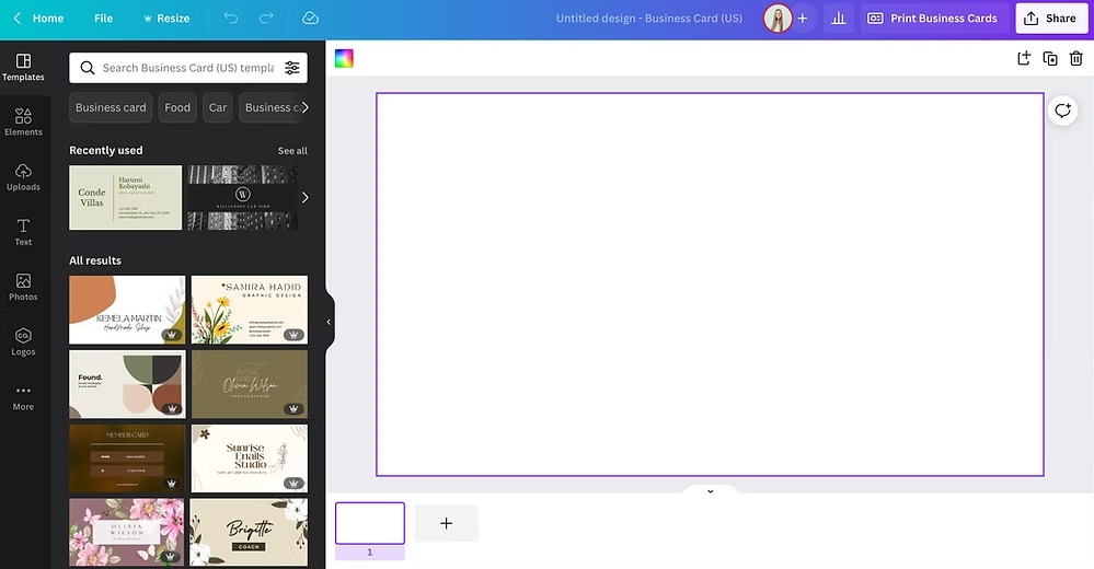 Canva design workspace showing blank business card template with layout and template suggestions.