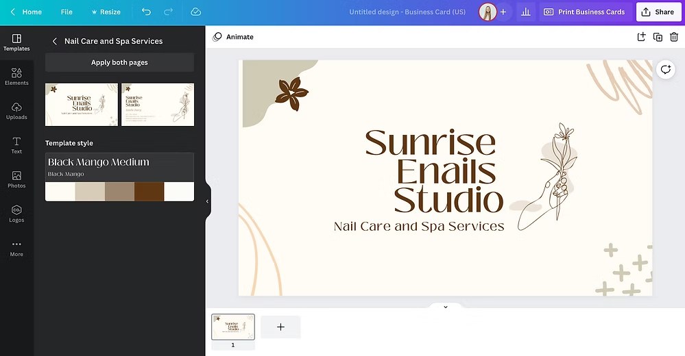 Canva editor displaying an elegant business card for a nail care studio using minimalist earth-tone design.