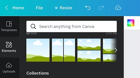 Screenshot of Canva workspace showing grid layout options in the design elements panel.