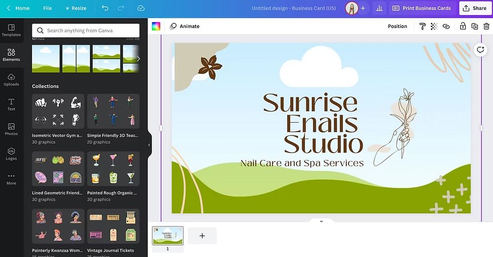 Canva design screen showing a draft business card for Sunrise Enails Studio with landscape background.