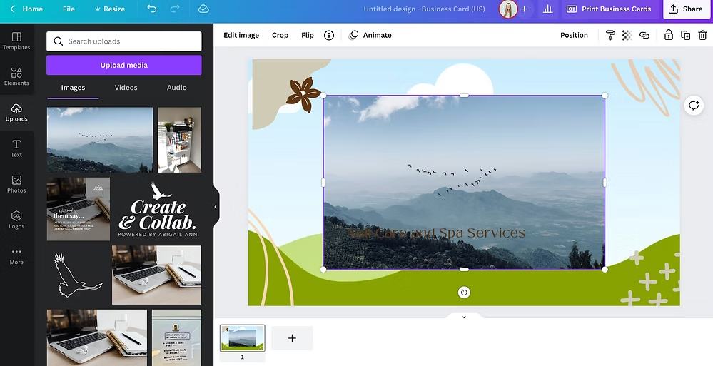 Canva editor view showing image upload and background customization for a business card project.