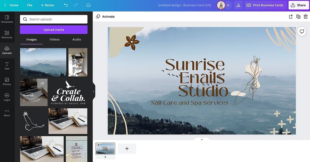 Canva design in progress showing refined background image and layout for a spa business card.