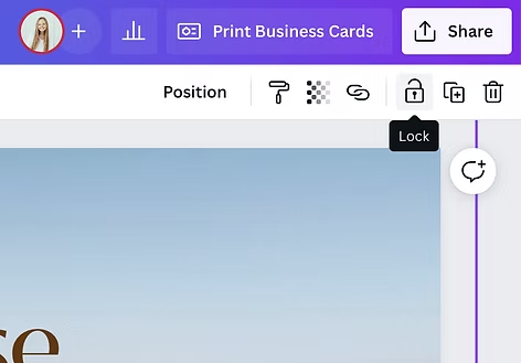 Close-up of Canva interface with user avatar and options for printing business cards.