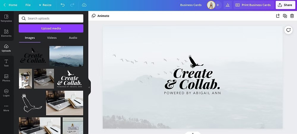 Canva design workspace showing Create & Collab business card layout with logo and tagline on a misty mountain background.
