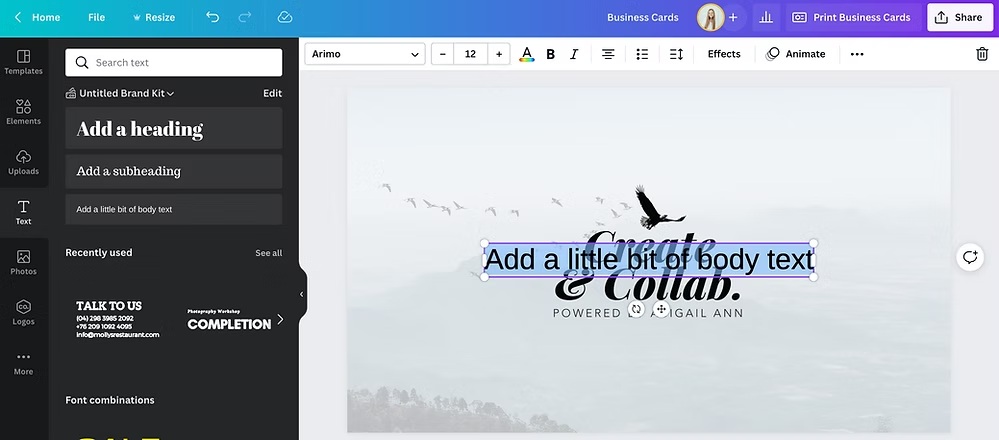 Canva editor showing finalized Create & Collab business card design with logo over mountain landscape background.