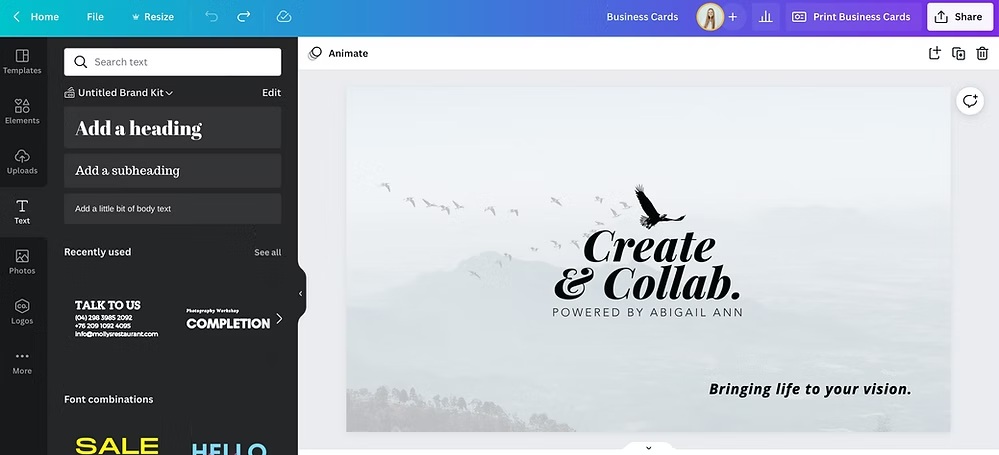 Canva editor showing finalized Create & Collab business card design with logo over mountain landscape background.