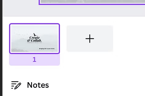 Canva thumbnail view showing first design page of Create & Collab business card with option to add more pages.