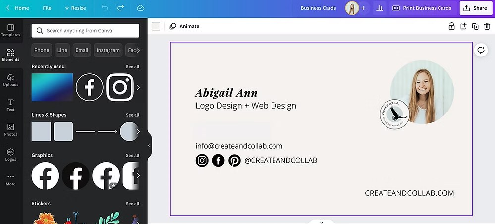 Canva editor displaying the back of Create & Collab business card with contact info and designer portrait.