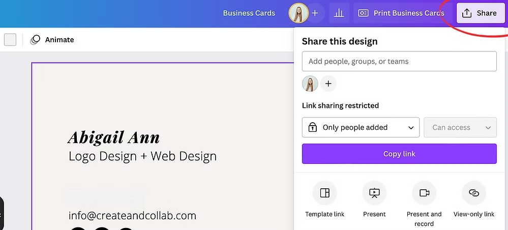 Canva interface showing the share settings panel used to collaborate on a business card design.